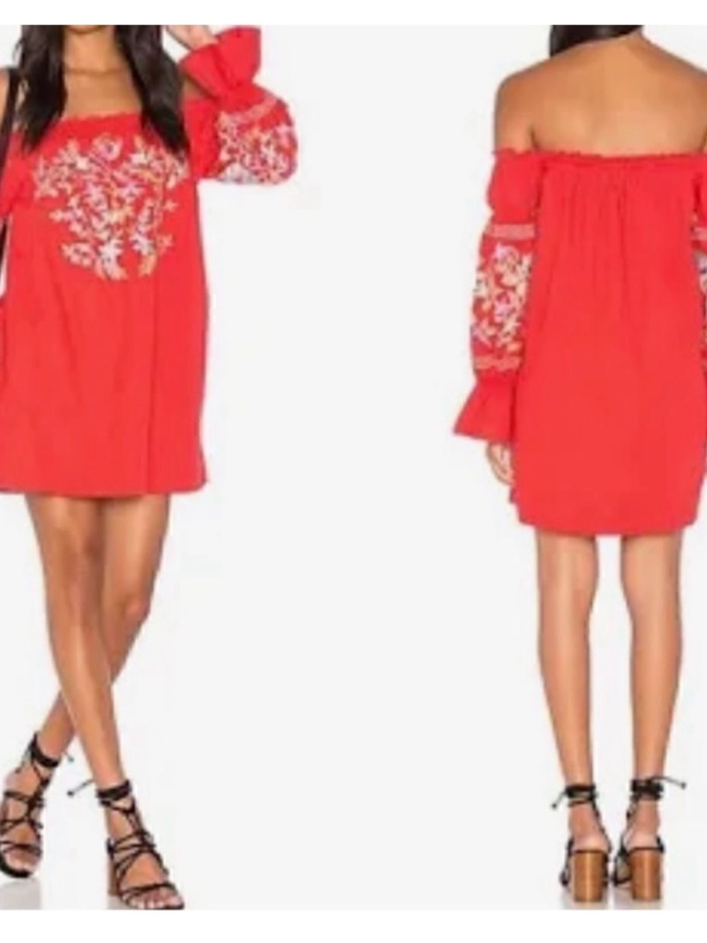 Free People Red Off-Shoulder EUC Embroidered Mini Dress Sz S